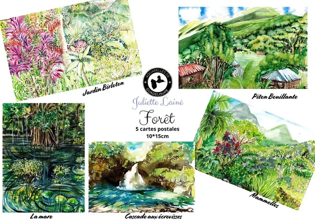 Lot 5 cartes postales aquarelle "Forêt"