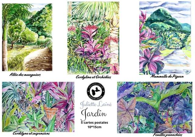 Lot 5 cartes postales aquarelle "Jardin"