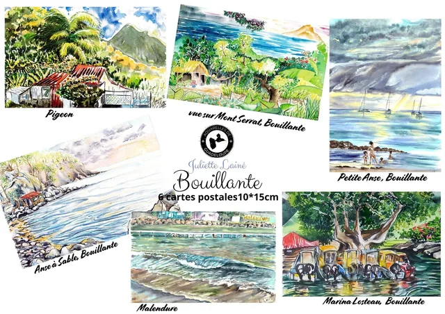 Lot 6 cartes postales aquarelle "Bouillante"