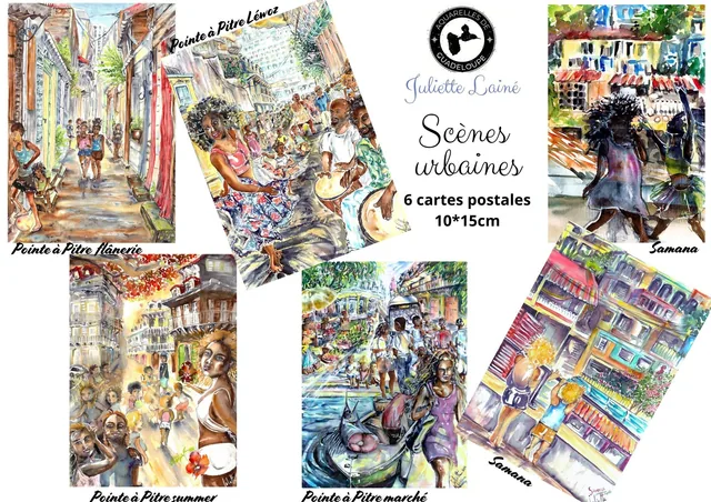 Lot 6 cartes postales aquarelle scènes urbaines