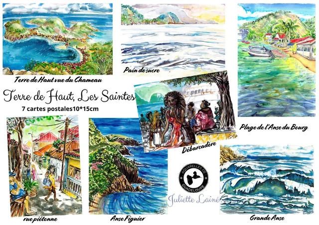 Lot 7 cartes postales aquarelle "Terre de Haut, Les Saintes"